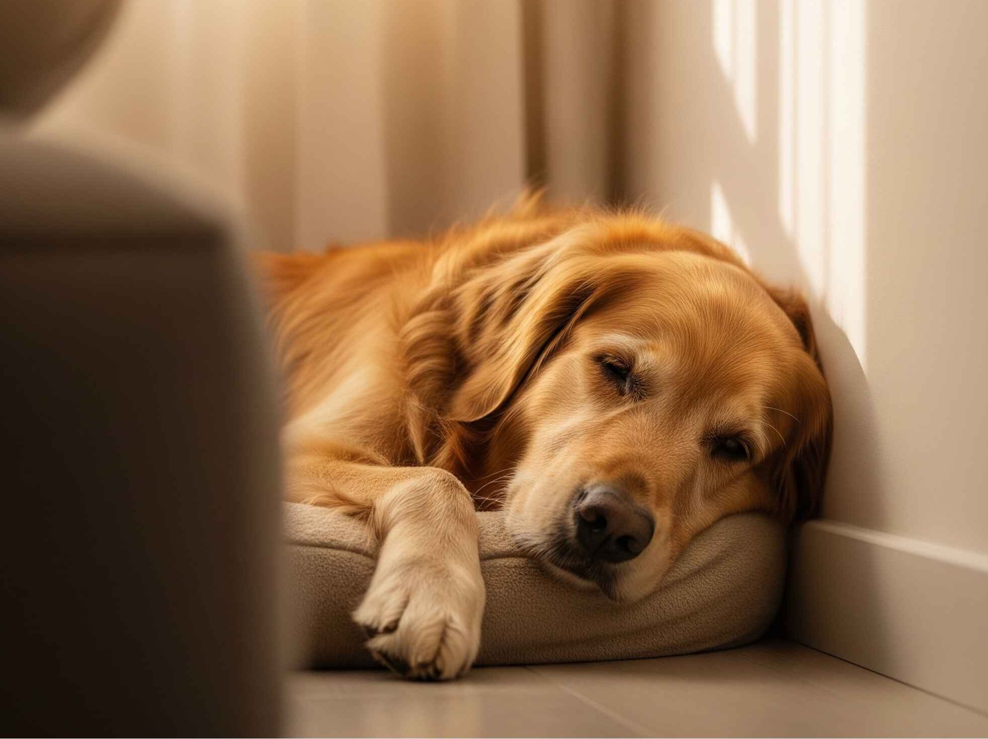Perro Golden Retriever de edad madura durmiendo plácidamente, simbolizando la afiliación vitalicia en pet and pet y el cuidado prolongado de mascotas en Popayán.