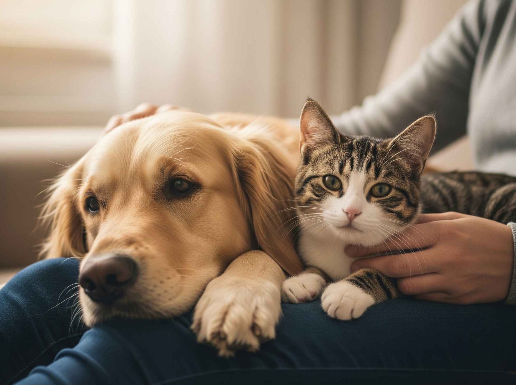 Persona con perro y gato jóvenes en regazo, simbolizando el plan de afiliación periódico de pet and pet y el cuidado futuro de mascotas en Popayán.